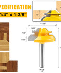 Built Tough 45 Degree Lock Miter Router Bit Set Three Piece Kit For Worry Free Woodworking Joints With One Quarter Inch Shank And Tough Carbide Cutters, 1/4 x 1-3/8 inch with measurements.