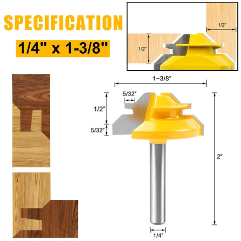 Built Tough 45 Degree Lock Miter Router Bit Set Three Piece Kit For Worry Free Woodworking Joints With One Quarter Inch Shank And Tough Carbide Cutters, 1/4 x 1-3/8 inch with measurements.