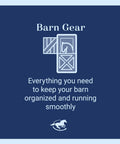 Illustration of a horse in a stall with text "Barn Gear."