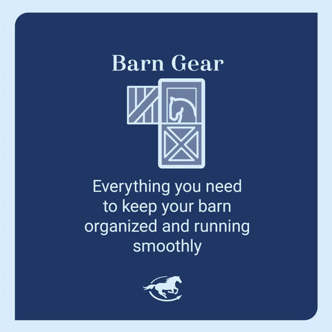 Illustration of a horse in a stall with text "Barn Gear."