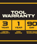Tool warranty details highlighting 3-year limited warranty, 1-year free service, and 90-day money back guarantee.