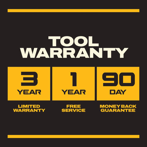 Image of a tool warranty for the 20V Max Brushless Random Orbital Sander Kit, displaying 3-year warranty, 1-year service, and 90-day guarantee.