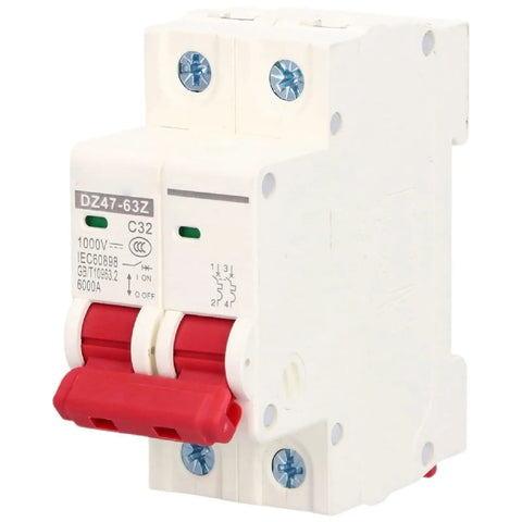 Rock Solid Two Pole DC Disconnect Switch With No Sweat DIN Rail Snap On Mount and Bipolar Load Cut for 1000V Panels, 16A-50A