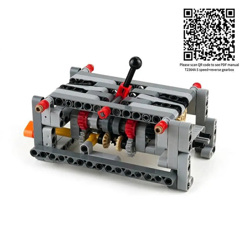 Level Up Your Build Game With Rock Solid 5 Plus 1 Speed With Reverse Transmission Gearbox Building Blocks Kit and 8883 M Motor assembly pictured in detail.