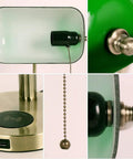 Glass Bankers Desk Lamp With USB Charging Port LED Desk Light Emerald Green Glass Shade Brass Finish Classic Retro Pull Chain Perfect For A Cozy Home Office Bedside Study Or Library Vibe close-up details