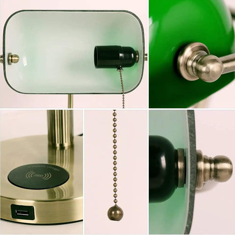 Glass Bankers Desk Lamp With USB Charging Port LED Desk Light Emerald Green Glass Shade Brass Finish Classic Retro Pull Chain Perfect For A Cozy Home Office Bedside Study Or Library Vibe close-up details