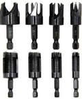 Top Shelf 8 Piece Carbon Steel Wood Plug Cutter Drill Bit Set With Tapered And Straight Heads Quick Swap 1/4 Inch Hex Shank, 8 bits arranged in 2 rows.