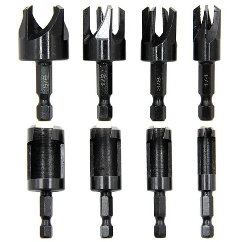 Top Shelf 8 Piece Carbon Steel Wood Plug Cutter Drill Bit Set With Tapered And Straight Heads Quick Swap 1/4 Inch Hex Shank, 8 bits arranged in 2 rows.