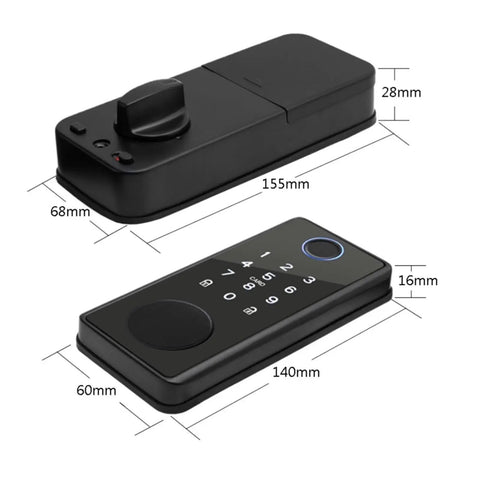 Keyless Entry Smart Deadbolt With Phone App Control And Biometric Fingerprint Entry, showing remote access panel and lock dimensions.