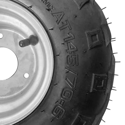 Close-up of 2 Pack 145/70-6 Tubeless ATV Go-Kart Mini Bike Tire With Rim 6-Inch Wheels Built Tough Nylon Construction