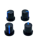 Four black ABS plastic potentiometer knobs with blue indicators for 6mm shafts. Durable 10 Pack Potentiometer Knobs for 6mm Shaft Rotary Volume Control Replacement for Guitar Pedals and Amps Upgrade ABS Plastic Easy Grip Knobs for DIY Instrument Mods and Rack Gear.