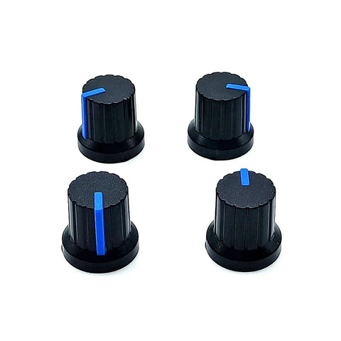 Four black ABS plastic potentiometer knobs with blue indicators for 6mm shafts. Durable 10 Pack Potentiometer Knobs for 6mm Shaft Rotary Volume Control Replacement for Guitar Pedals and Amps Upgrade ABS Plastic Easy Grip Knobs for DIY Instrument Mods and Rack Gear.