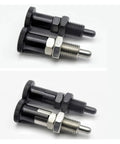 Heavy Duty Spring Return Plunger Knob Ball Nose Index Detent M12 Tough As Nails Carbon Steel Build shown in two angles.