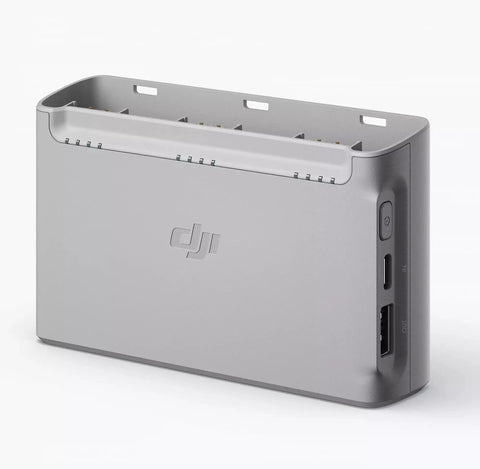 Three Battery Two Way Charging Station Hub for Mini 2 Drone in grey, side view with ports, capable of charging three batteries.