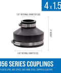 Reducing 4-In. X 1-1/2-In. Flexible PVC Pipe Coupling For Cast Iron And Plastic Plumbing Connections, Leak-Proof And Chemical-Resistant Elastomeric PVC, DIY-Friendly Fit For Quick, No-Fuss Install, Seals Out Sewer Gases, 50-Year Service Life, Black, 4 x 1.5 in