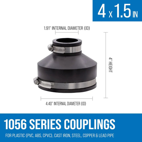 Reducing 4-In. X 1-1/2-In. Flexible PVC Pipe Coupling For Cast Iron And Plastic Plumbing Connections, Leak-Proof And Chemical-Resistant Elastomeric PVC, DIY-Friendly Fit For Quick, No-Fuss Install, Seals Out Sewer Gases, 50-Year Service Life, Black, 4 x 1.5 in