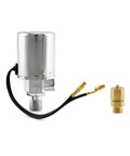Beefy 12V Air Solenoid Valve For Cars And Trucks, One Quarter Inch NPT Inlet, Chrome plated, side view with connectors shown