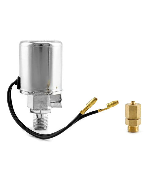 Beefy 12V Air Solenoid Valve For Cars And Trucks, One Quarter Inch NPT Inlet, Chrome plated, side view with connectors shown