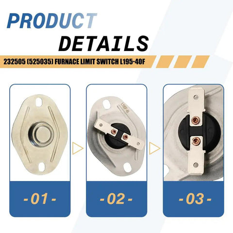 Image showing Furnace Limit Switch L195 40F Direct Replacement For SF 42 SF 42Q RV Camper furnaces viewed from different angles.