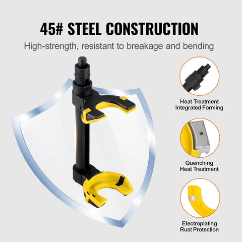 Close-up of Strut Spring Compressor Kit For MacPherson And Conical Springs with interchangeable forks and yellow sleeve.