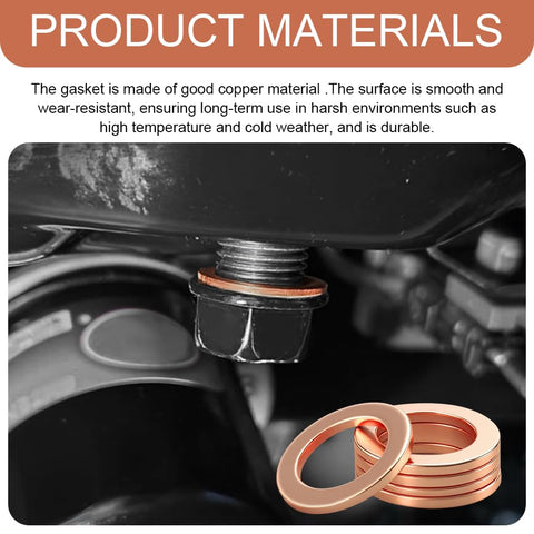 Close-up of 15 Pack 14mm Copper Oil Drain Plug Gaskets in use on car engine, showing copper washers for auto seals and durability.