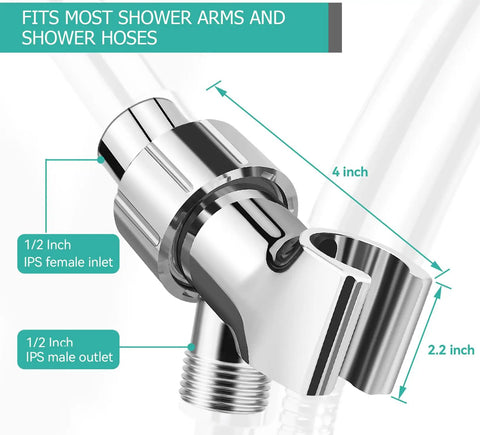 Brass Ball Shower Holder With 360 Degree Spin And Adjustable ABS Bracket In Chrome Finish, Universal Arm Connector Fits 3/4 To 7/8 Inch Hoses, No Fuss, Easy Install, Built Tough. 1/2 inch IPS connector shown