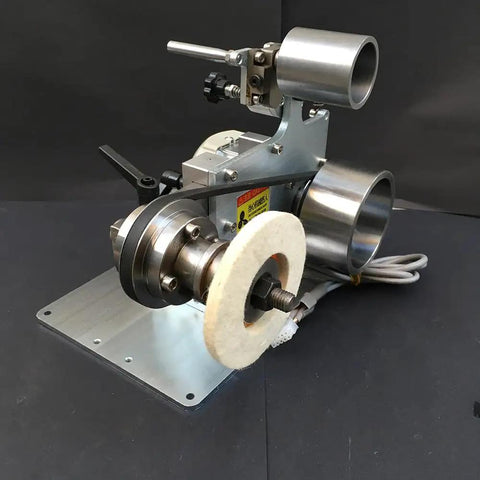 Heavy Duty 750W Brushless Belt Grinder A Real Garage Workhorse Built Tough In Rock Solid Steel Frame Forward Reverse Toggle Versatile Benchtop Sander And Polishing Kit close-up of motor and polishing wheel