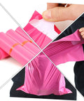 Thickened Waterproof Pink Poly Mailer Bags 17x30cm Bulk Pack Of 100 showing rolled, adhesive strip, and strength demonstration