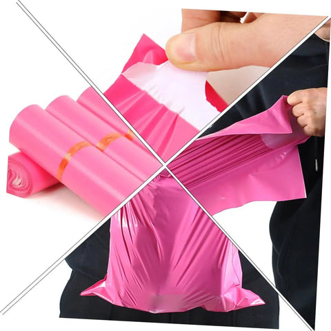 Thickened Waterproof Pink Poly Mailer Bags 17x30cm Bulk Pack Of 100 showing rolled, adhesive strip, and strength demonstration