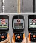 Top Rated 4 In 1 Stud Finder Wall Scanner displaying LCD screens, detecting wood beams, metal, and AC wires for home improvement.
