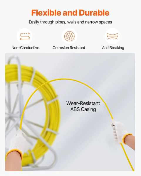 Fiberglass Fish Tape 425 Foot Long Quarter Inch Pro Grade Durable Stand Non Conductive Wire Cable Running Rodder Flexible