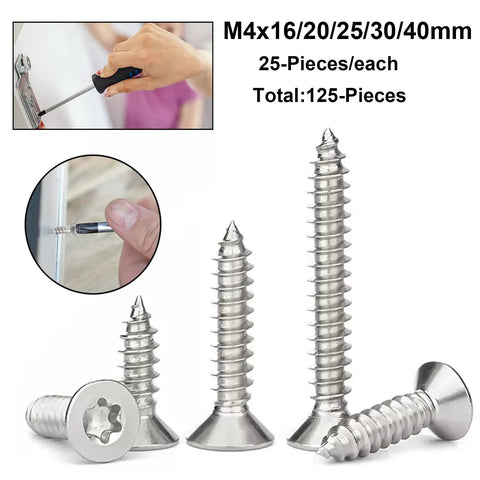 Built Like A Tank 125 Piece Torx Star Drive Flat Head Screw Set Featuring Heavy Duty 304 Stainless Steel for wood and sheet metal.