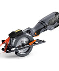 Hardcore Mini Circular Saw Kickin Up Smooth Cuts With 5.8 Amp Motor And 3500 RPM Speed features a metal handle and laser guide.