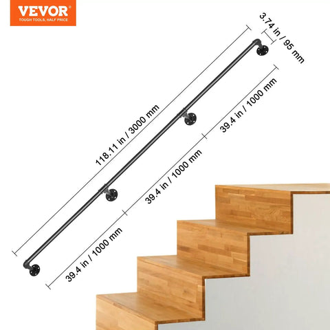 Industrial Beefy Pipe Stair Handrail System, 10 Ft Length, 3 Piece Carbon Steel Handrails, wall mounted over wooden stairs.
