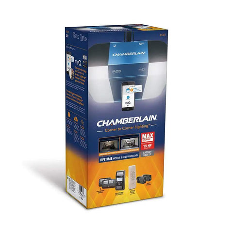 Bulletproof Smart Garage Door Opener With Smooth Belt Drive Plus Reliable Battery Backup packaging with remote and battery backup features.
