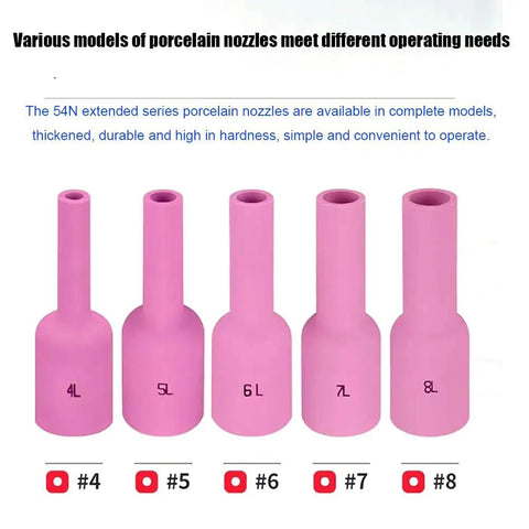 Top Grade 10 Pieces Ceramic Alumina Nozzle Cups For TIG Welding Torch WP-17 18 And 26 Gas Lens Setup Long Shield Cups, five different sizes.