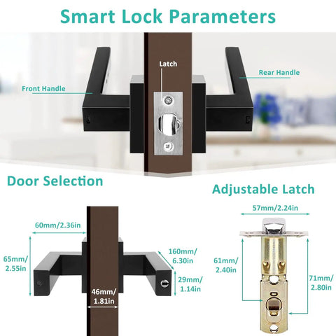Diagram showing Smart Fingerprint Door Lock With Keyless Entry And Backup Keys Biometric Security For Home Office And Short Term Rentals Black 2 details and measurements.
