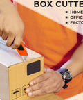 Box Cutter Set 4 Pack Retractable Utility Knives for DIY and Home Use with Ergonomic Grips, Removable Blades, Sharp and Easy Box Opener for Wallpaper, Carpet, Packaging, and Light Construction Projects. Retractable orange box cutter slicing cardboard box