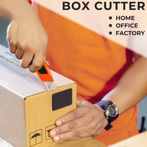 Box Cutter Set 4 Pack Retractable Utility Knives for DIY and Home Use with Ergonomic Grips, Removable Blades, Sharp and Easy Box Opener for Wallpaper, Carpet, Packaging, and Light Construction Projects. Retractable orange box cutter slicing cardboard box