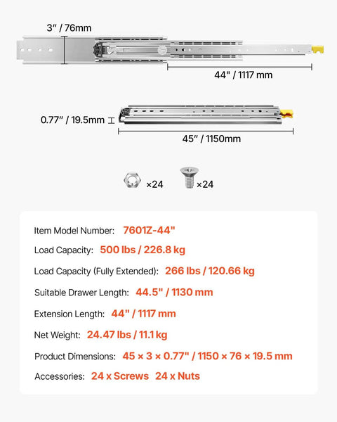 No Fuss Full Extension Drawer Slides 1 Pair Tough As Nails Ball Bearing Cabinet Rails, 45 inch, galvanized steel.