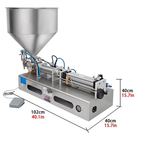 Heavy Duty Pneumatic Paste And Liquid Filling Machine Horizontal Bottle Filler with stainless steel frame, 260 to 2600 mL capacity.