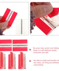 Self Adhesive Clear Acrylic Flush Hinges Set Of 5 for cabinets, shown with red protective backing, easy install.