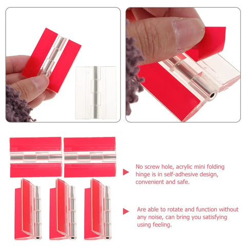 Self Adhesive Clear Acrylic Flush Hinges Set Of 5 for cabinets, shown with red protective backing, easy install.