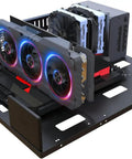 Side view of Open Frame Gaming PC Case And Test Bench Rig For E-ATX ATX M-ATX ITX Motherboards, black open air chassis with components installed.