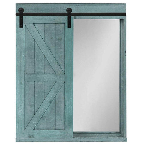 Heavy Duty Bypass Barn Door Hardware Kit For Cabinets And Closets with two foot track, blue wood door, aluminum rail visible