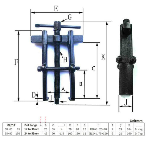 Two Jaw Twin Leg Gear Puller Bearing Removal Tool Kit With Screw Lock And Adjustable Arms For 17-38mm Bearings dimensions