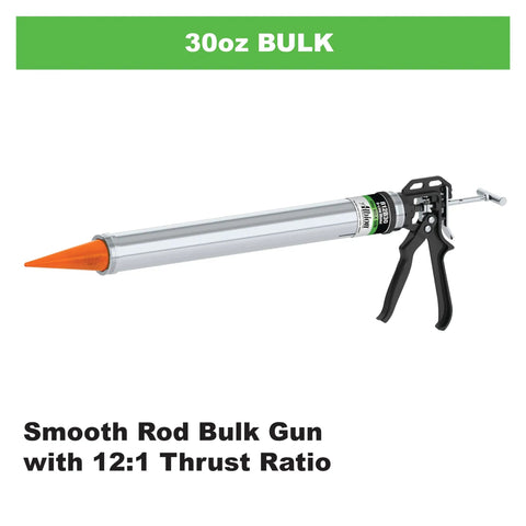 30 Oz Bulk Caulking Gun With 12 To 1 Drive, Beefy Steel Barrel, Swivel Handle, Leather Pistons shown with smooth rod