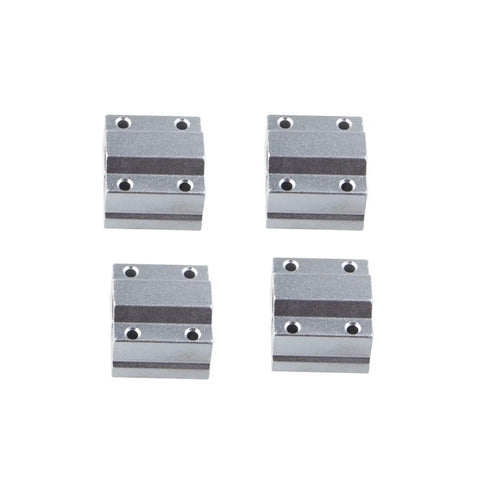 4 Pack Linear Motion Bearing Slides for CNC Parts and 3D Printer Upgrades, 8mm to 25mm Length, Compatible With SCS8UU to SCS25UU, Precision Machine Tools, Durable, High Precision Motion for DIY Builds; four metal blocks shown