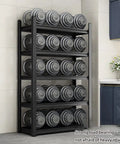 Top Shelf Heavy Duty Metal Storage Rack, Adjustable 3 To 5 Tier Baker Stand, Space Saving Organizer For Kitchen Or Garage With Hassle Free Setup holding weights on multiple tiers.