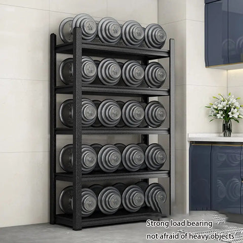 Top Shelf Heavy Duty Metal Storage Rack, Adjustable 3 To 5 Tier Baker Stand, Space Saving Organizer For Kitchen Or Garage With Hassle Free Setup holding weights on multiple tiers.
